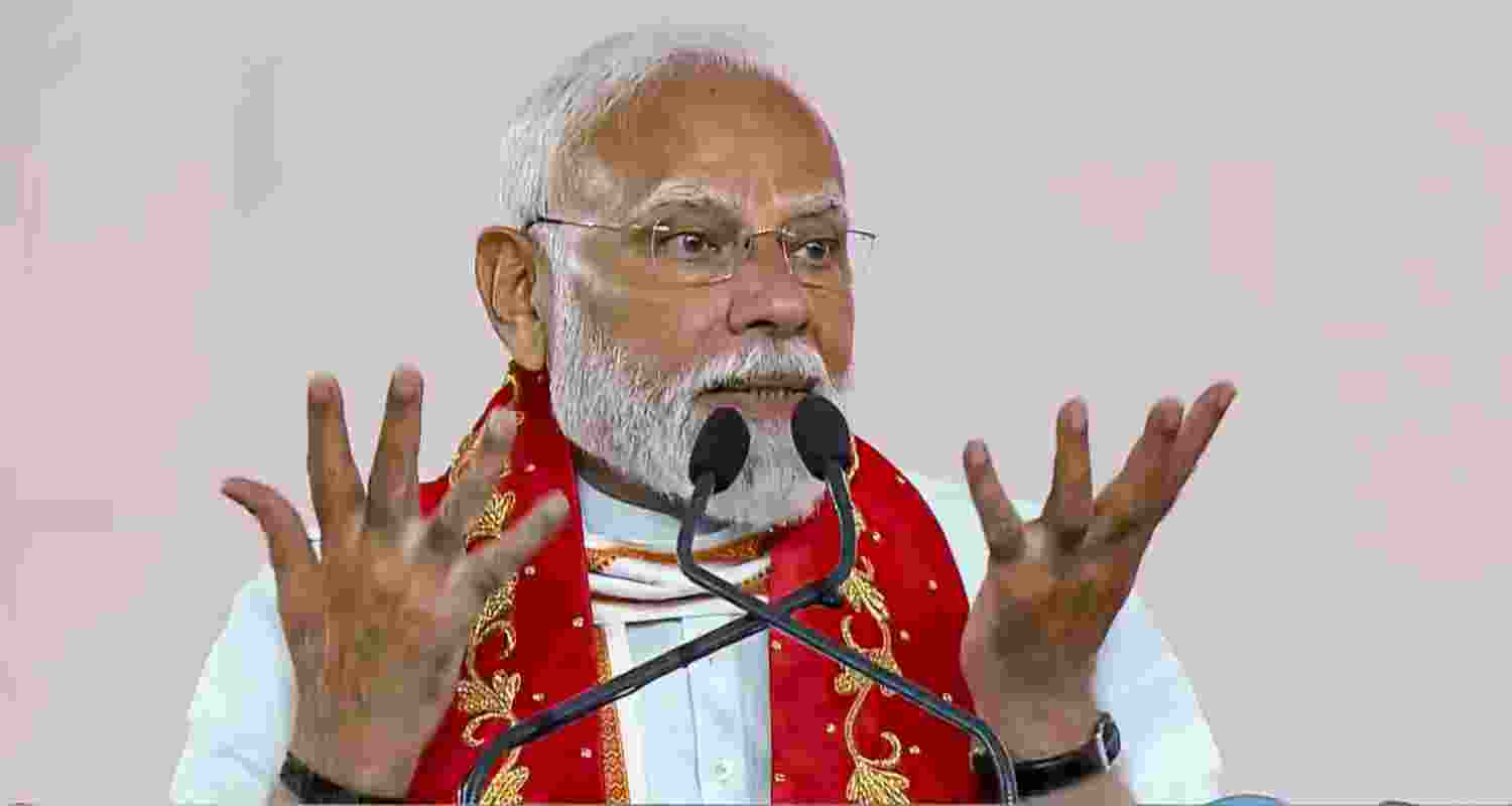 Prime Minister Narendra Modi speaks during the launch of Surat Food Security Saturation Campaign, in Surat, Gujarat.