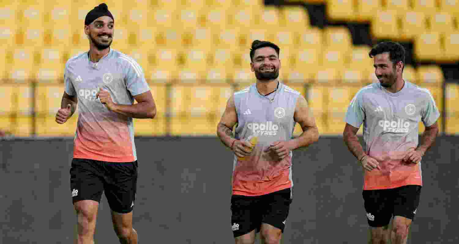 Arshdeep Singh, Rinku Singh and Ravi Bishnoi during a practice session on the eve of the first T20I match between India and New Zealand at the Vidarbha Cricket Association Stadium in Nagpur on Tuesday.