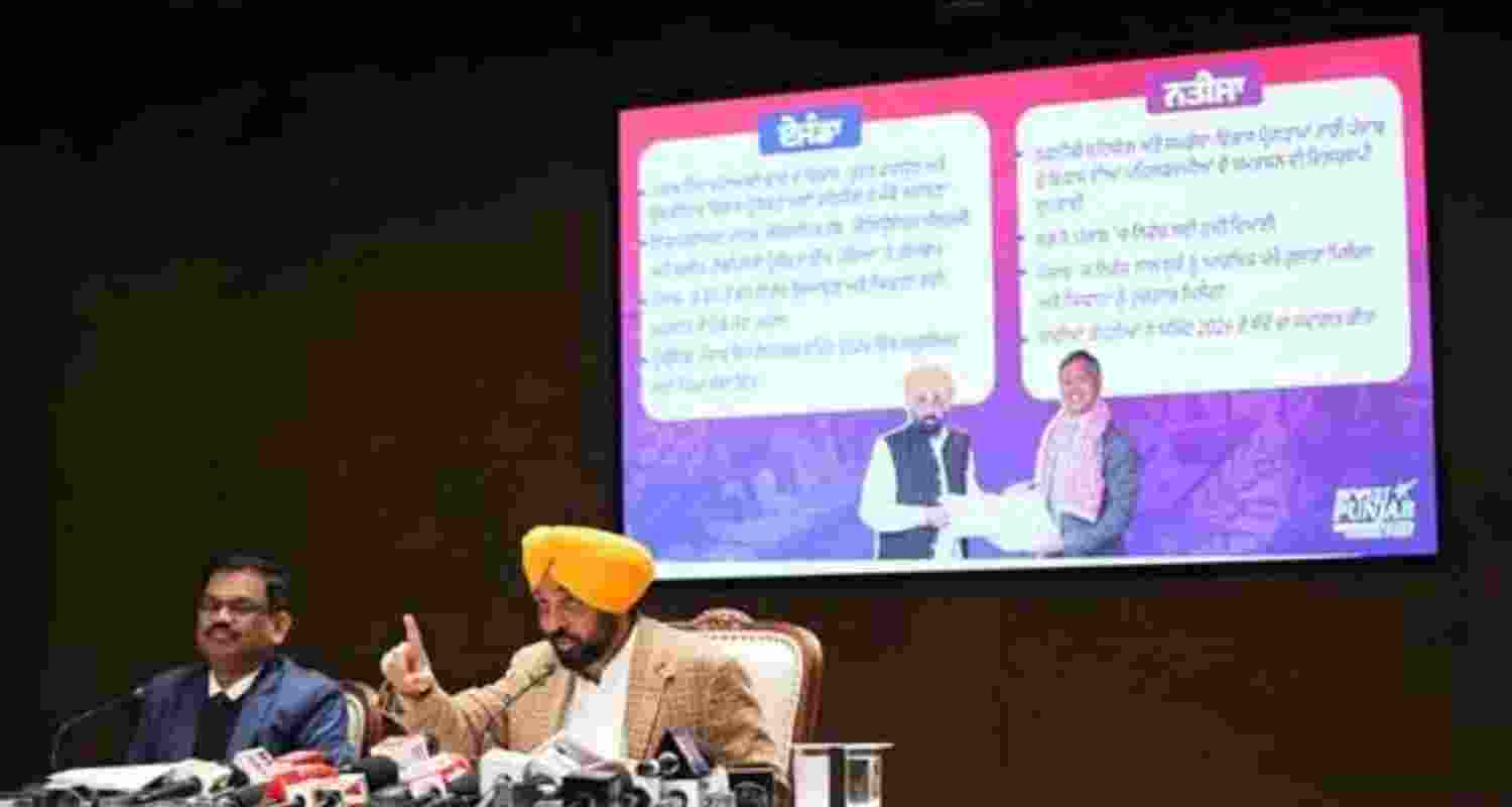 Punjab Chief Minister Bhagwant Mann giving a presentation of his official trip to Japan and South Korea, on Wednesday.