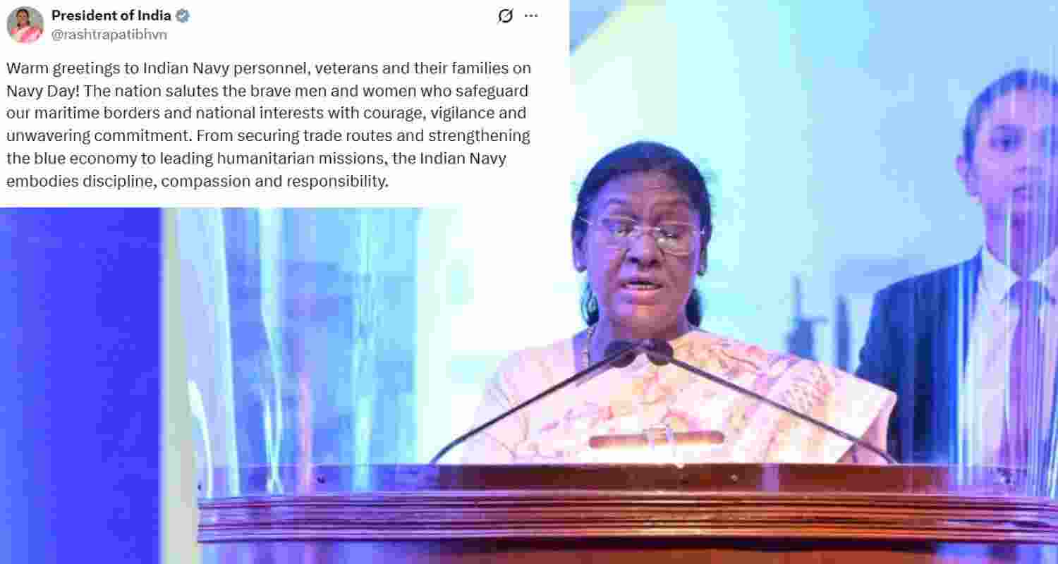 President Droupadi Murmu greets Navy personnel on Navy Day. 