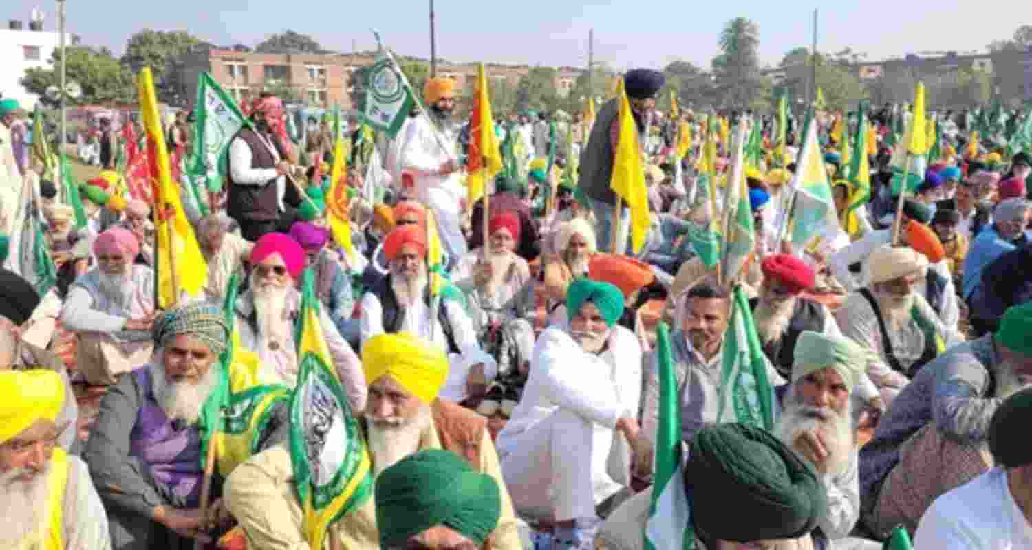 Farmers from Punjab holding a protest at the Dussehra Ground in Sector 43, Chandigarh, on Wednesday.
