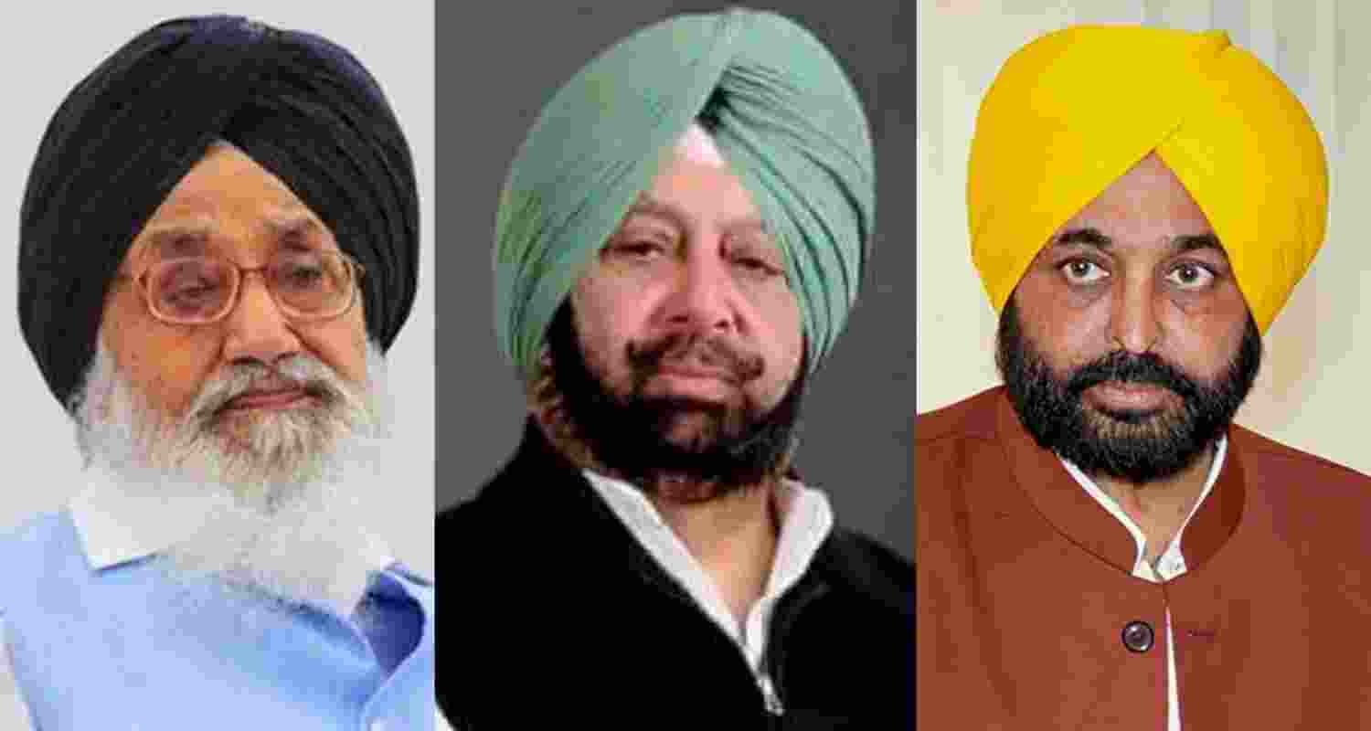 Former Punjab chief ministers Parkash Singh Badal, Capt Amarinder Singh and CM Bhagwant Mann. File photos.