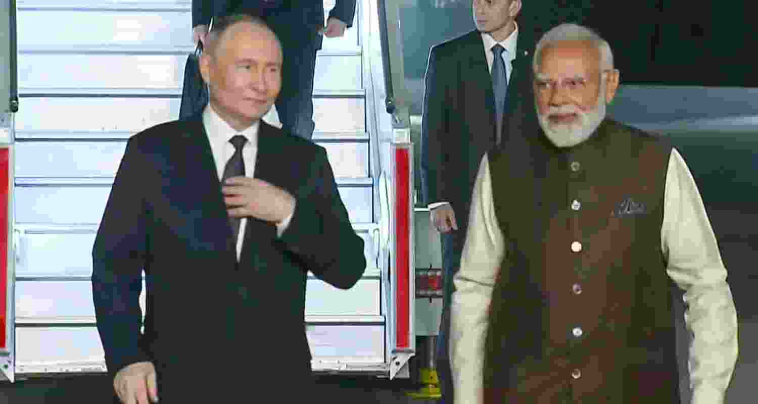Prime Minister Narendra Modi welcomes Russian President Vladimir Putin in New Delhi on Thursday.