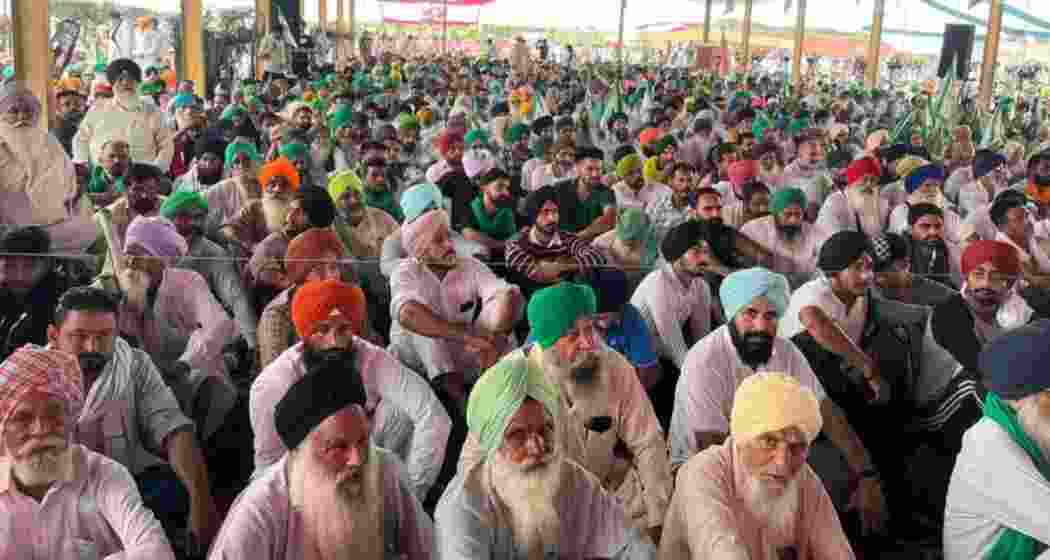 Farmers holding a protest against the land pooling policy at the grain market in Jodhan near Ludhiana on Thursday.