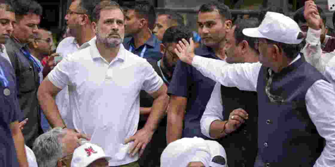 LoP in the Lok Sabha and Congress leader Rahul Gandhi during a protest march by INDIA bloc MPs.
