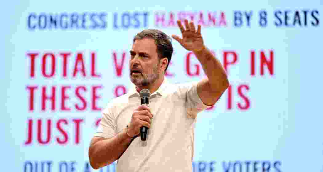 Congress leader Rahul Gandhi addresses a press conference.