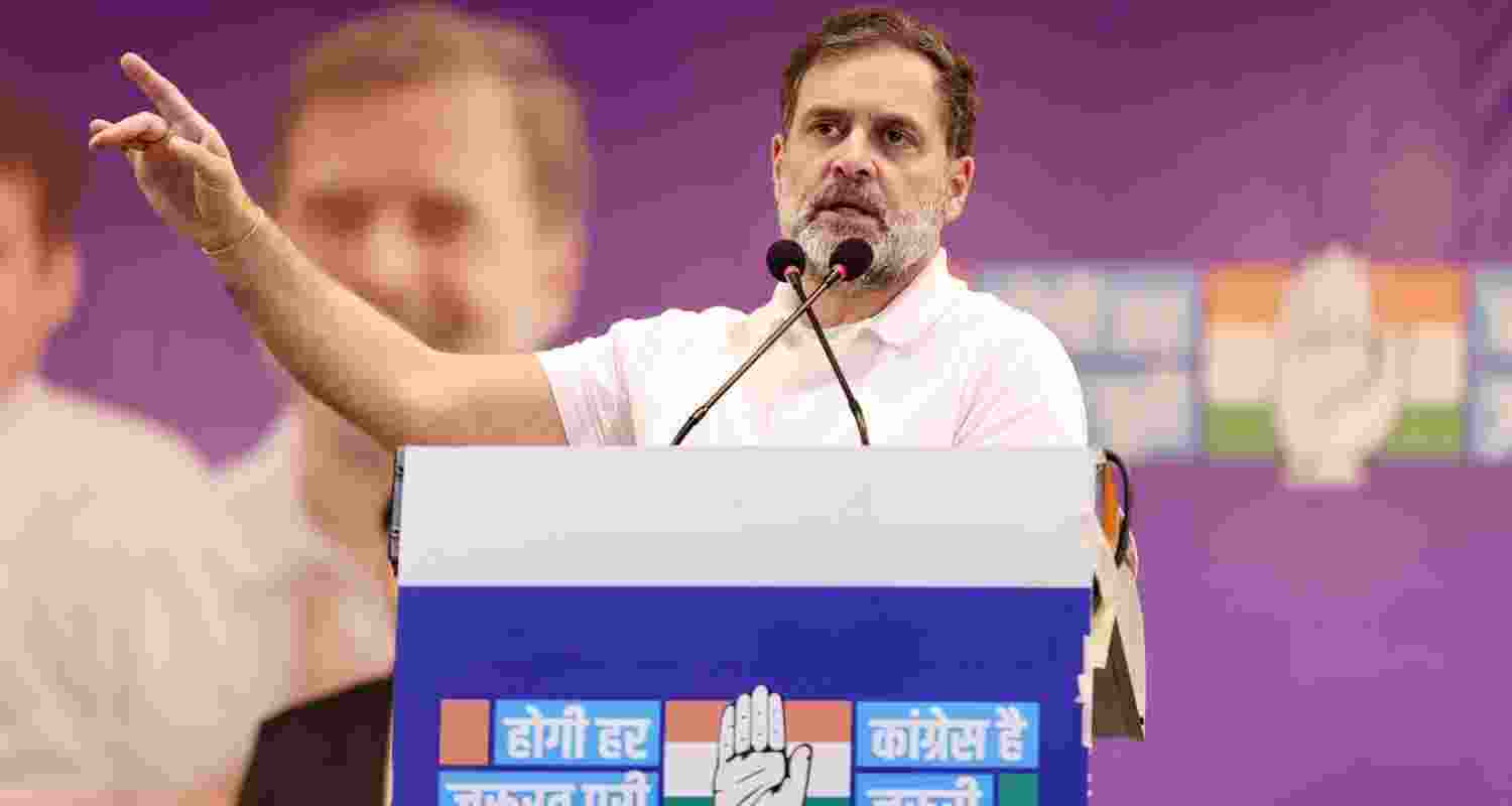 Rahul Gandhi addresses a public meeting in Okhla, Delhi.