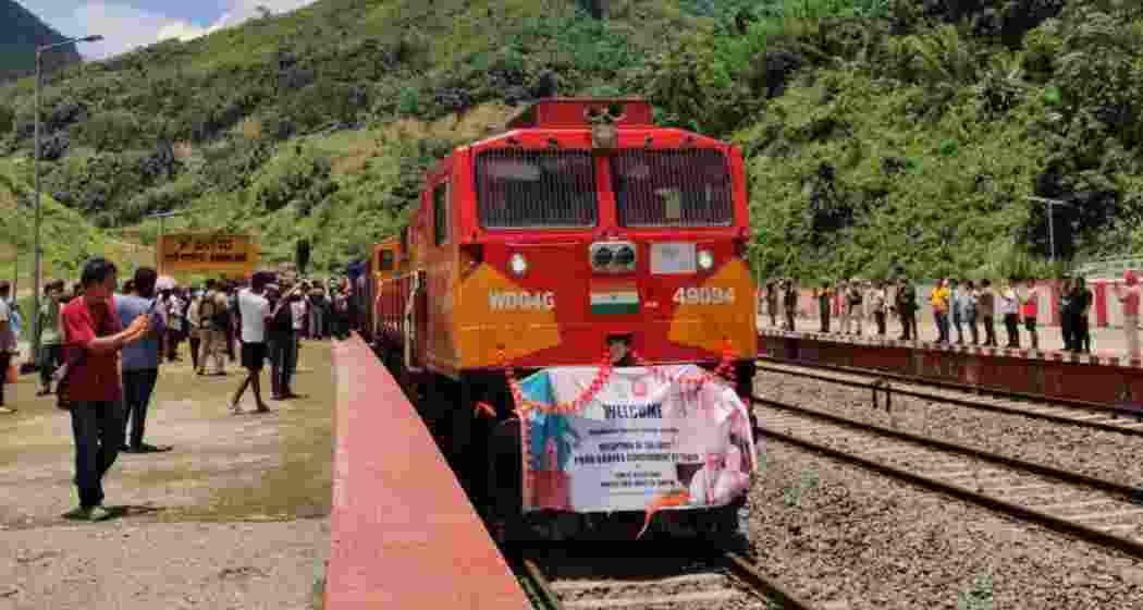 The rice-laden goods train reaches Khongsang Railway Station in Manipur's Noney District on Saturday.