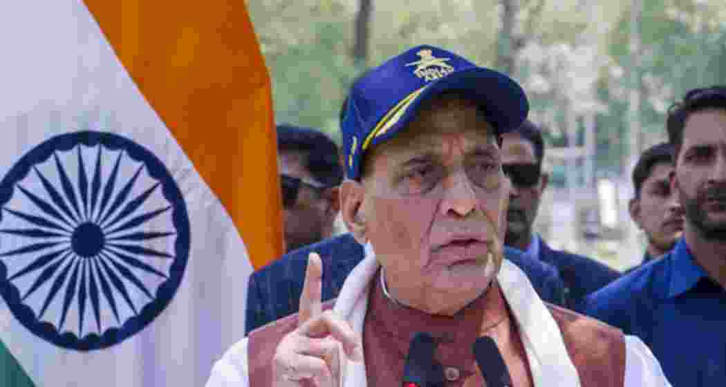 Defence Minister Rajnath Singh addressing the nation from the Bhuj Air Force Station on Friday. 