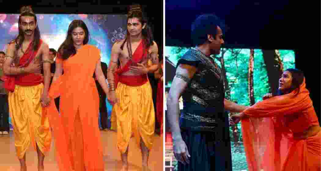 Cast of the Karachi-based Ramayana performance take a bow at the Arts Council. A still from the play’s dramatic recreation is seen on the right.