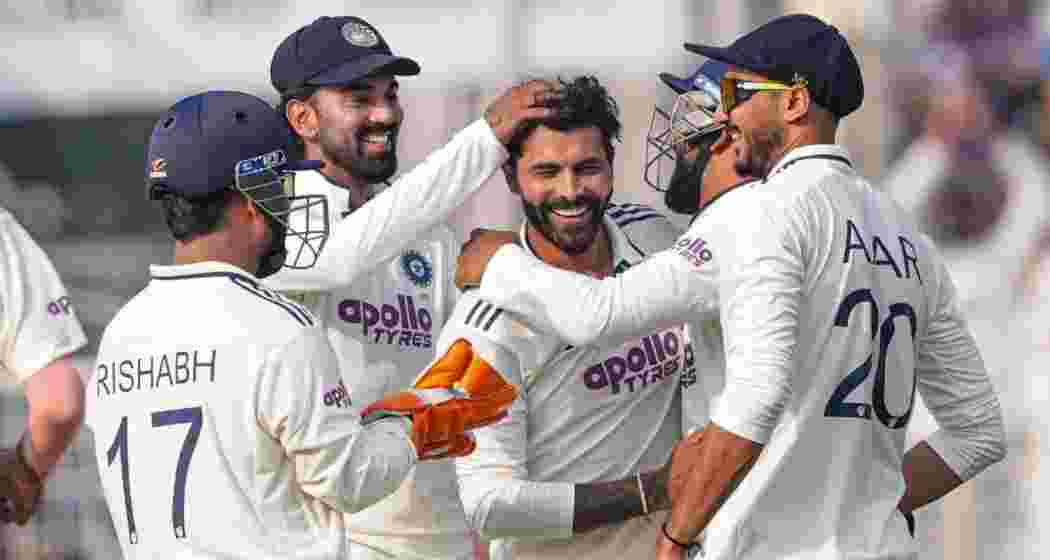 India’s Ravindra Jadeja with teammates celebrates the wicket of South Africa’s Aiden Markram on day two of the first Test cricket match of a series between India and South Africa, at the Eden Gardens, in Kolkata, on Saturday.