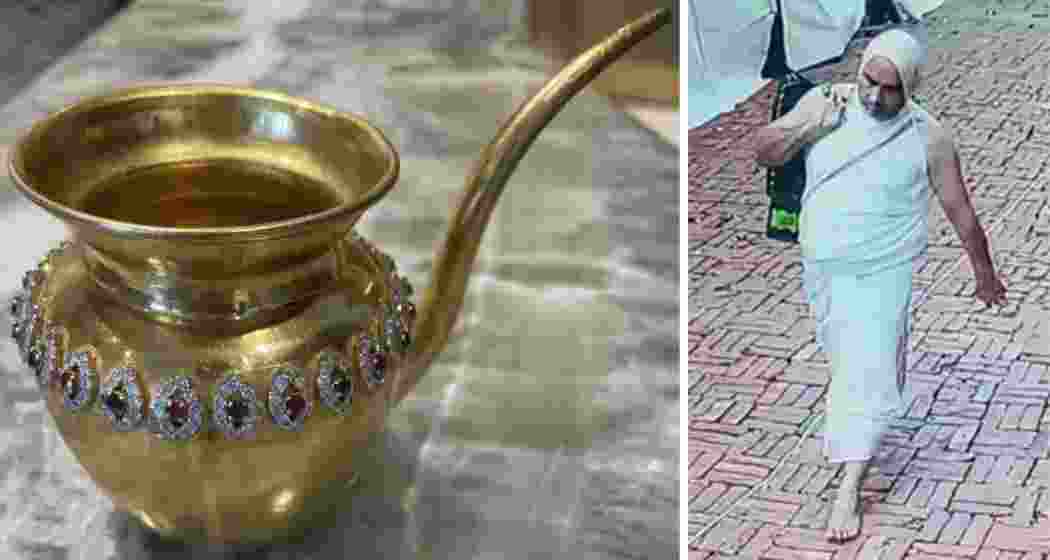 The suspect, disguised as a Jain priest, was seen in CCTV footage before fleeing with a golden kalash (L) during a Jain religious event at Delhi’s Red Fort.