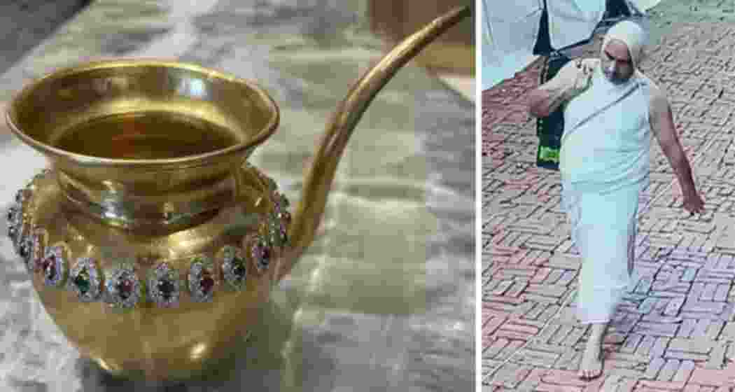 The suspect, disguised as a Jain priest (R), was seen in CCTV footage before fleeing with a golden kalash (L) during a Jain religious event at Delhi’s Red Fort.