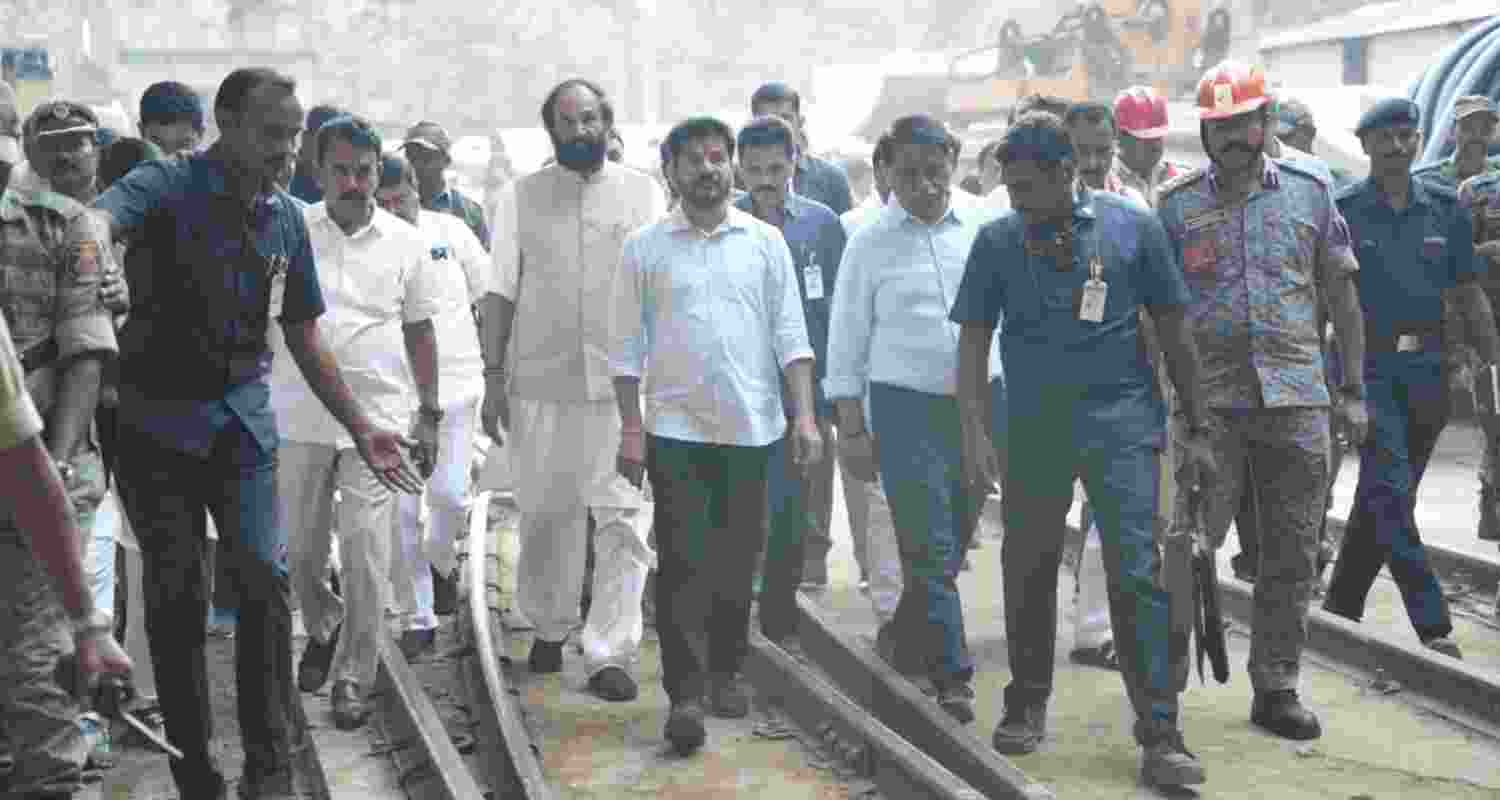Chief Minister A Revanth Reddy during his visit the tunnel collapse site in Nagarkurnool district. Image: X