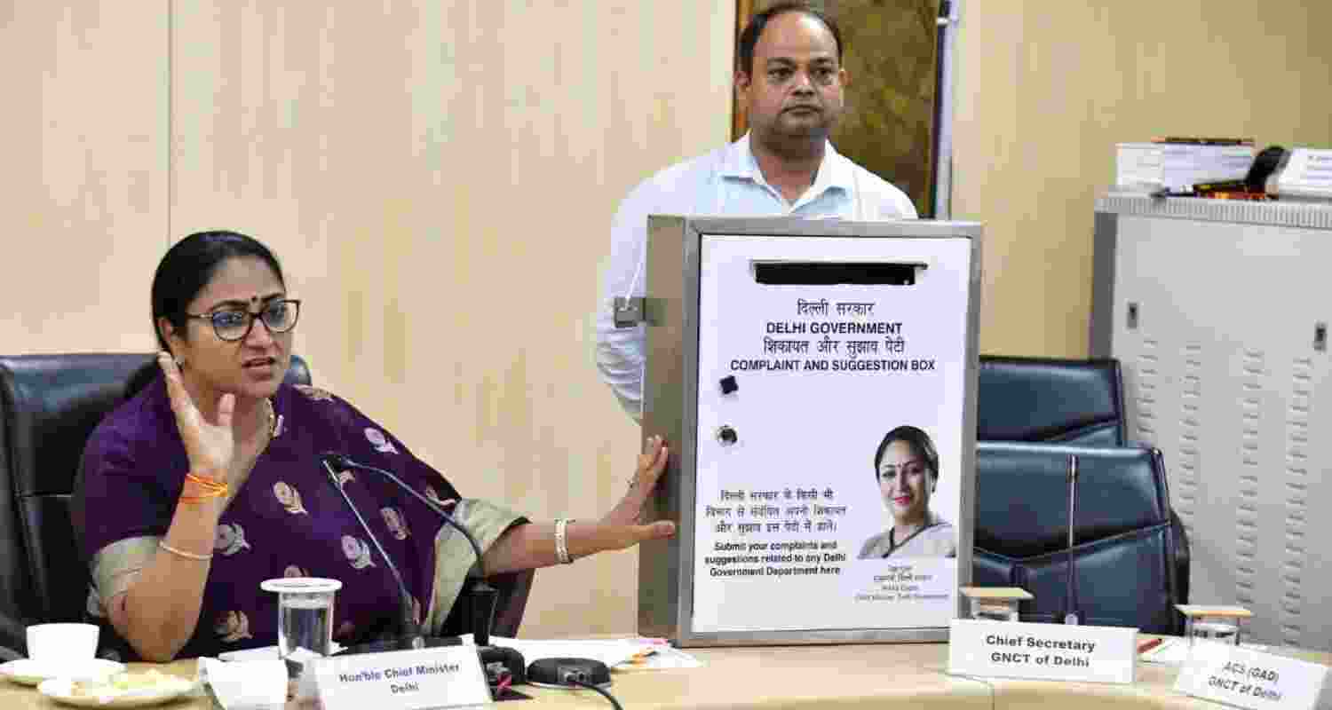 Delhi Chief Minister Rekha Gupta chairs a high-level meeting with chairpersons of district development committees and the district magistrates, in New Delhi, Monday.