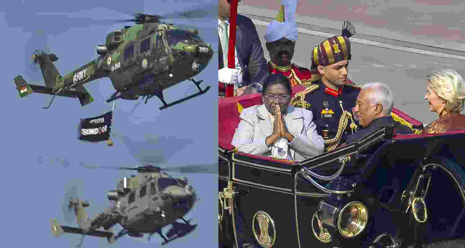 Military helicopters during Parade (left), President Droupadi Murmu arrives with European Commission President Ursula von der Leyen and European Council President Antonio Costa during the 77th Republic Parade (right). 