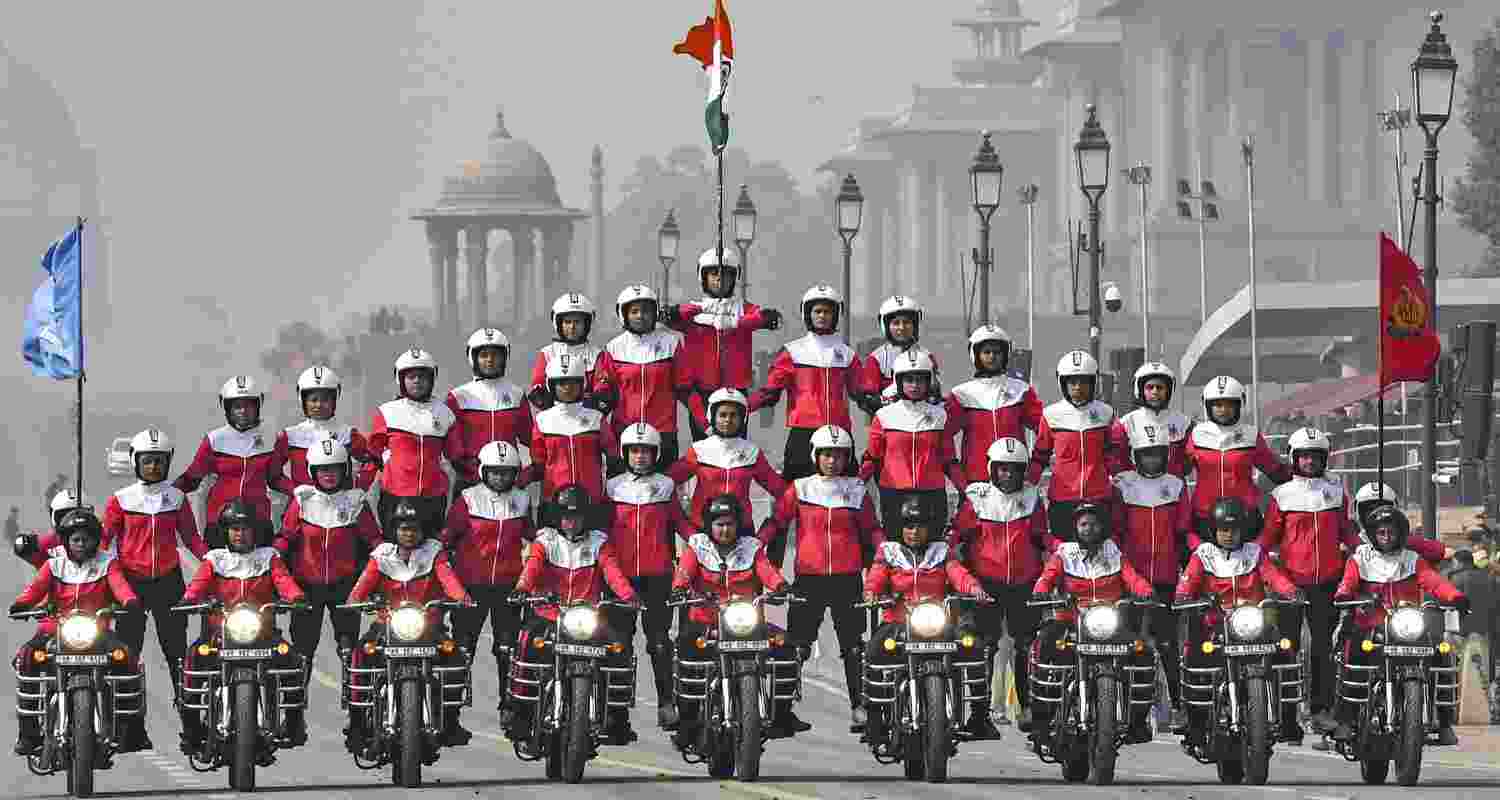 Central Reserve Police Force (CRPF) and Sashastra Seema Bal (SSB) personnel form a motorcycle formation during rehearsals for Republic Day, at Kartavya Path in New Delhi