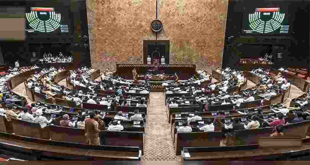 Vice President and Rajya Sabha Chairman Jagdeep Dhankhar addresses the Upper House on Friday.