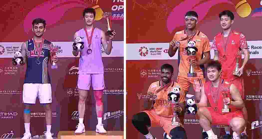Lakshya Sen and Li Shi Feng pose with their medals.
