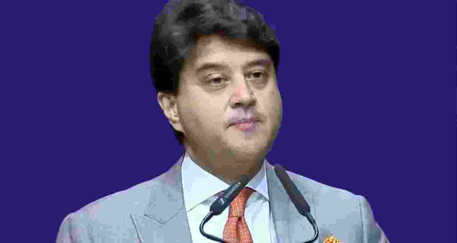 Union Telecom Minister Jyotiraditya Scindia speaking at the India Mobile Congress in New Delhi on Wednesday.