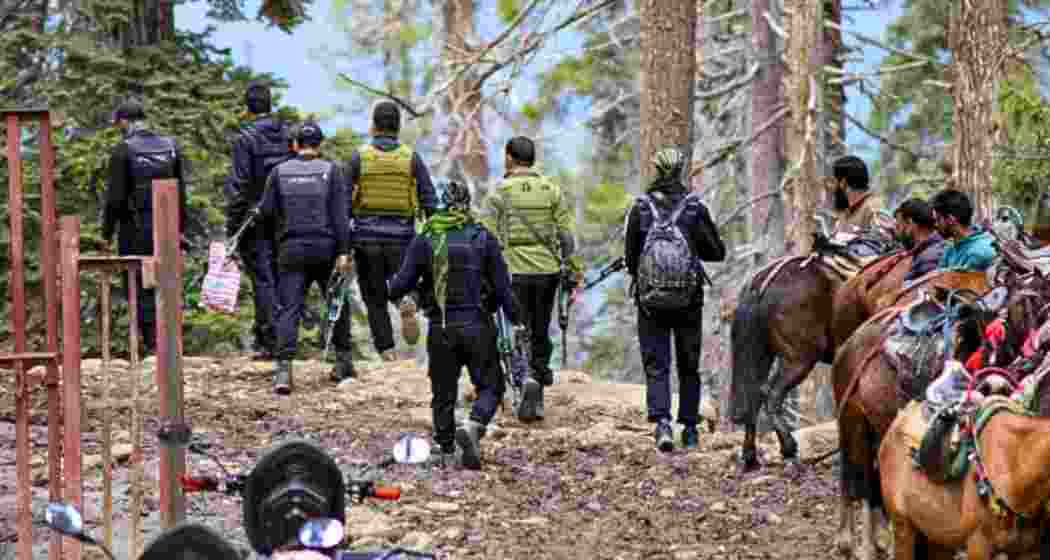 Security personnel near the site of the Pahalgam terror attack, in Anantnag district, Jammu and Kashmir.