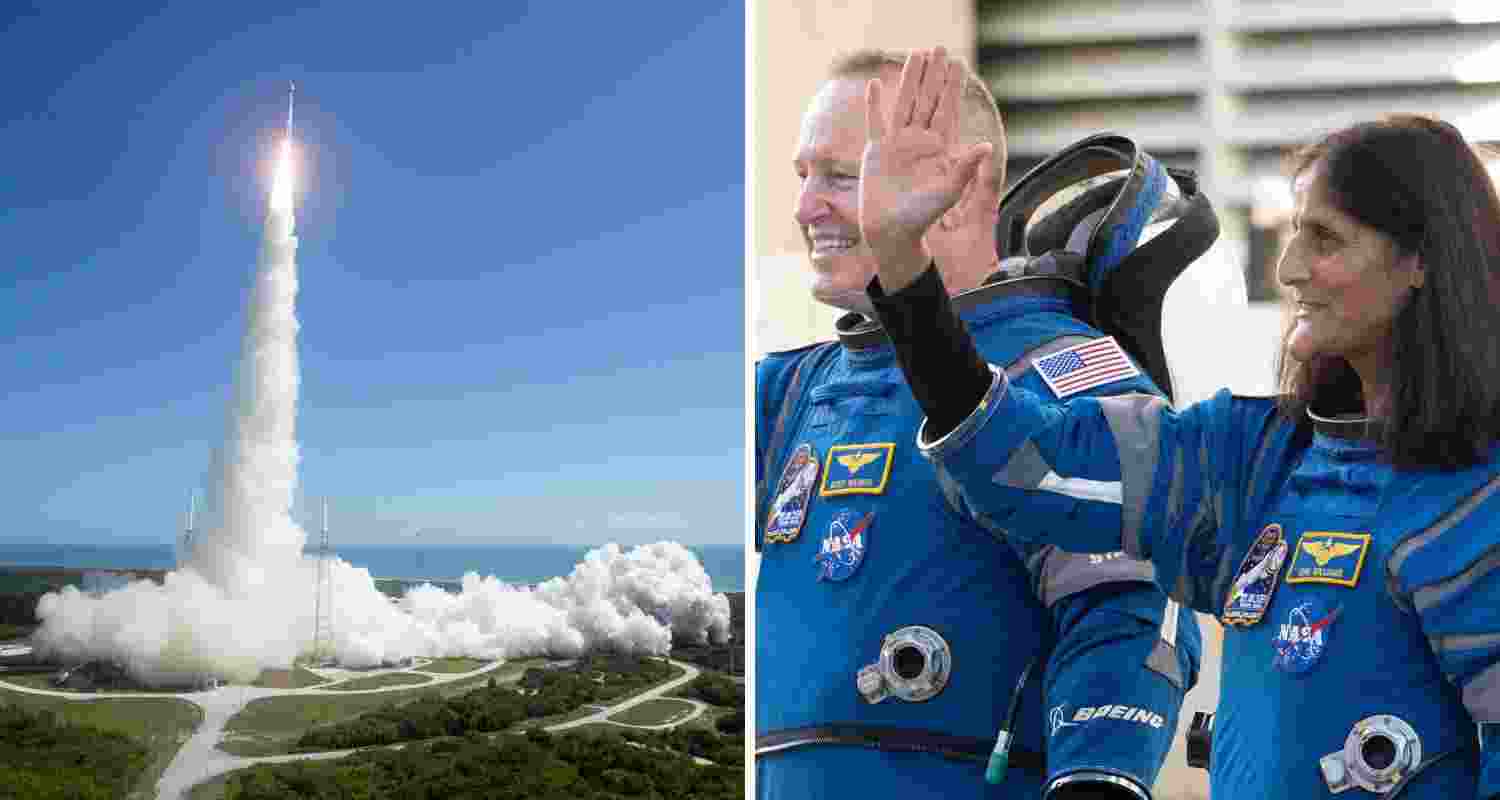 Left: The NASA's starliner lifts off. Right: Sunita Williams and Butch Wilmore before the spacecraft launch.
