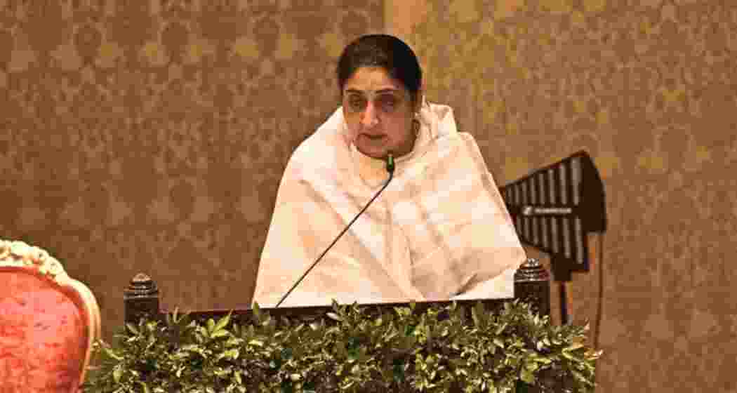 Sunetra Pawar takes the oath as Maharashtra Deputy Chief Minister at Lok Bhavan on Saturday.
