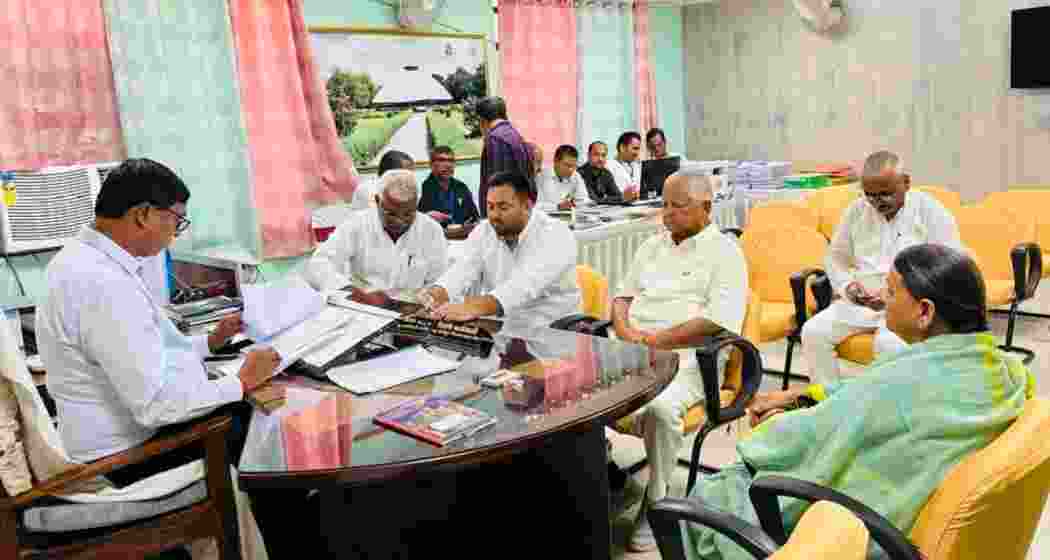 Tejashwi Yadav, accompanied by Lalu Prasad Yadav and Rabri Devi, files his nomination from Raghopur for the upcoming Bihar Assembly elections.