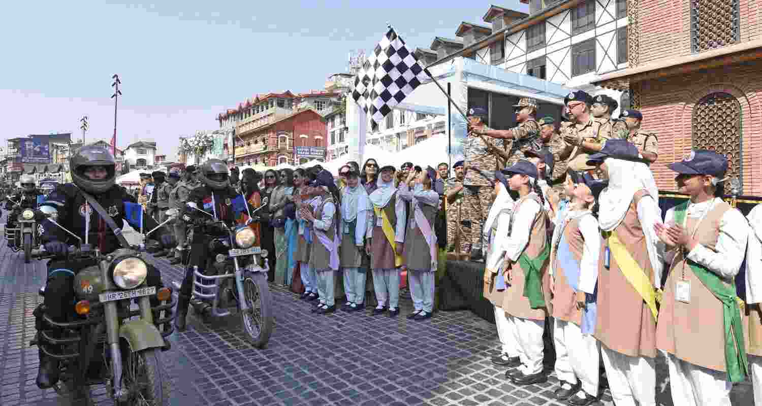 CRPF DG GP Singh flags off the third edition of the Yashasvini High-Altitude CRPF Bike Expedition 2025 from Lal Chowk in Srinagar.