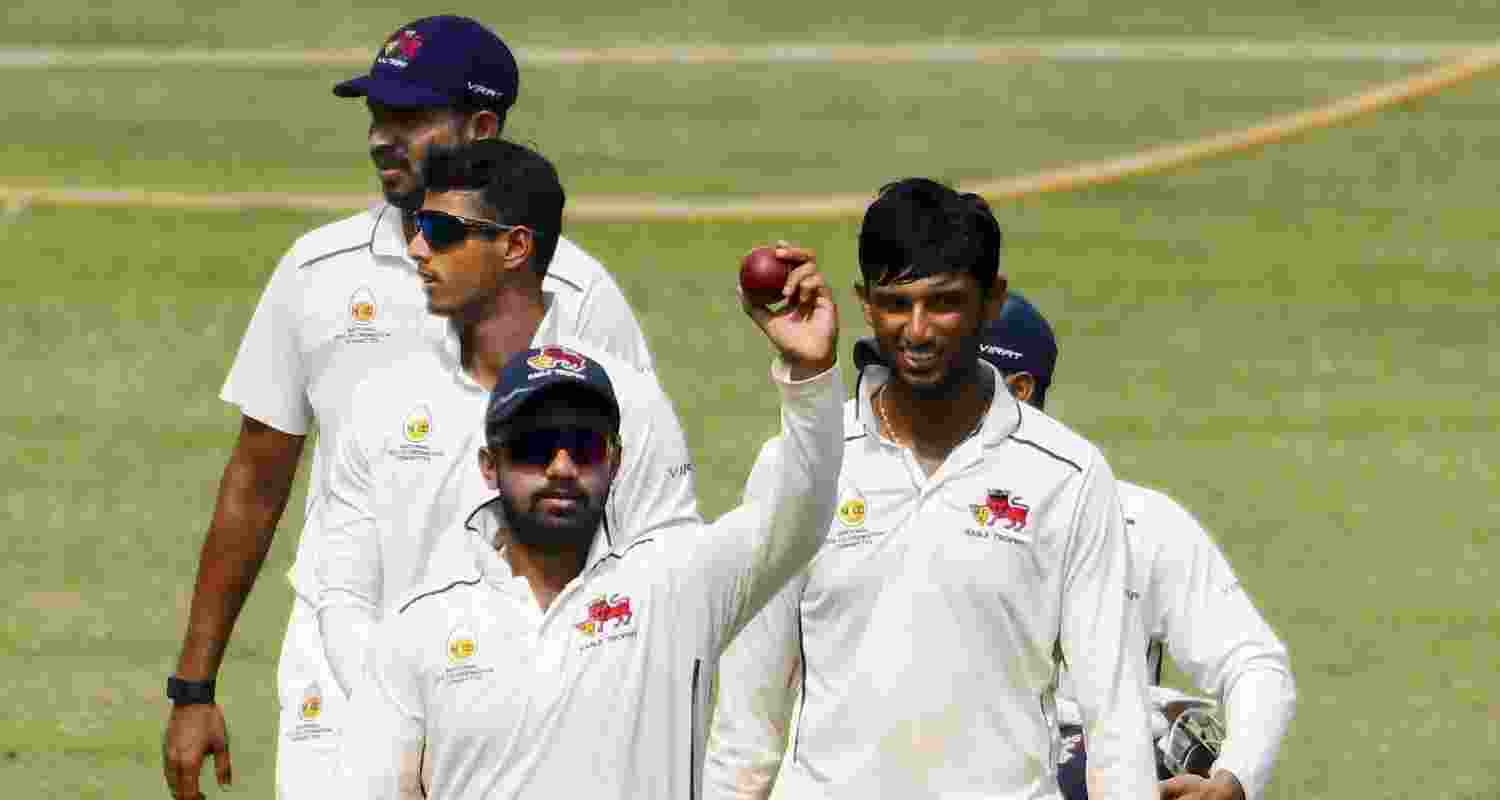 Mumbai's bowler Shams Mulani after taking 11 wickets during the Ranji Trophy 2024-25 cricket match against Odisha, in Mumbai, Saturday, Nov. 9, 2024.