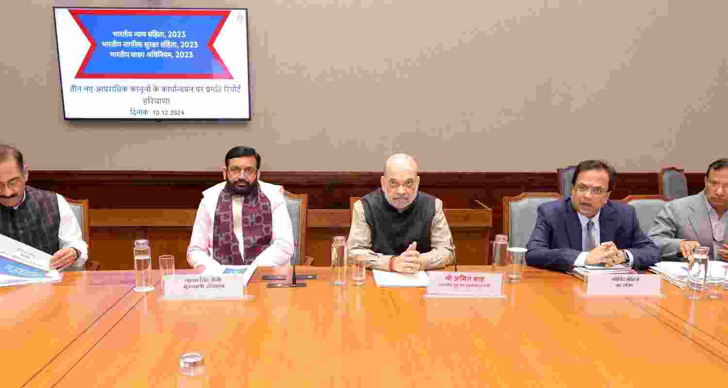Amit Shah with CM Saini in implementation of new criminals laws meeting held in Haryana. Image: X. 