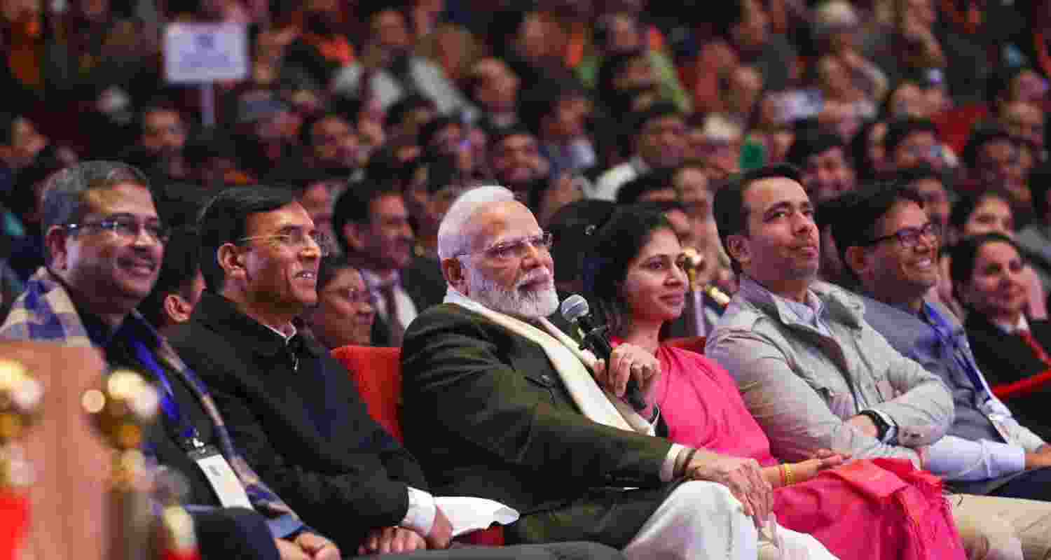 PM Modi engages with young leaders at Bharat Mandapam.