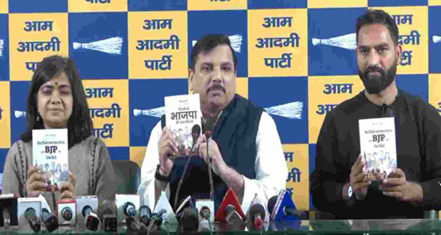 AAP mocks BJP performance in Delhi with blank book. Image AAP X.