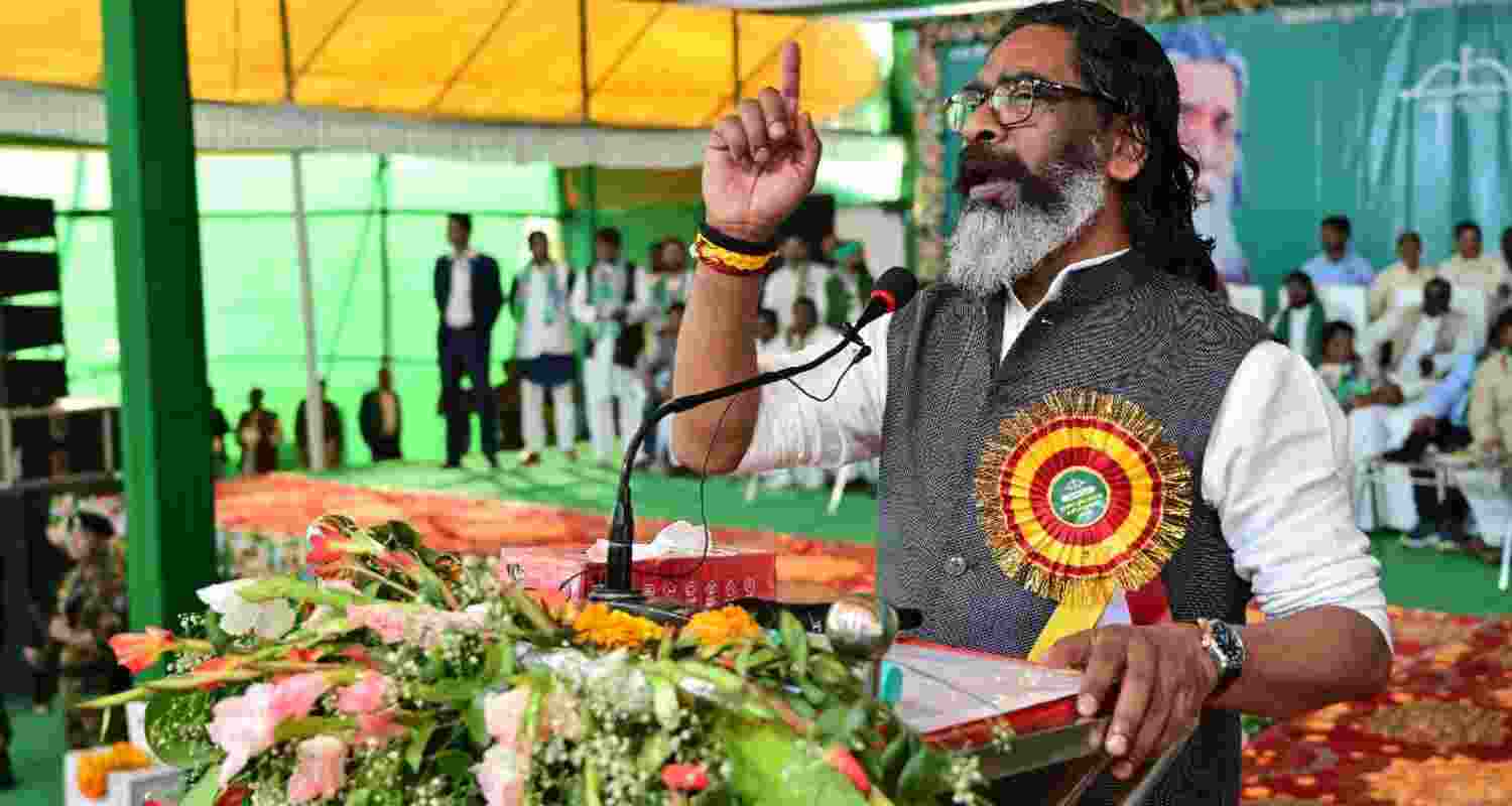 Jharkhand Chief Minister Hemant Soren addresses party workers during JMM's 53rd Foundation Day in Dhanbad, Jharkhand on Wednesday.