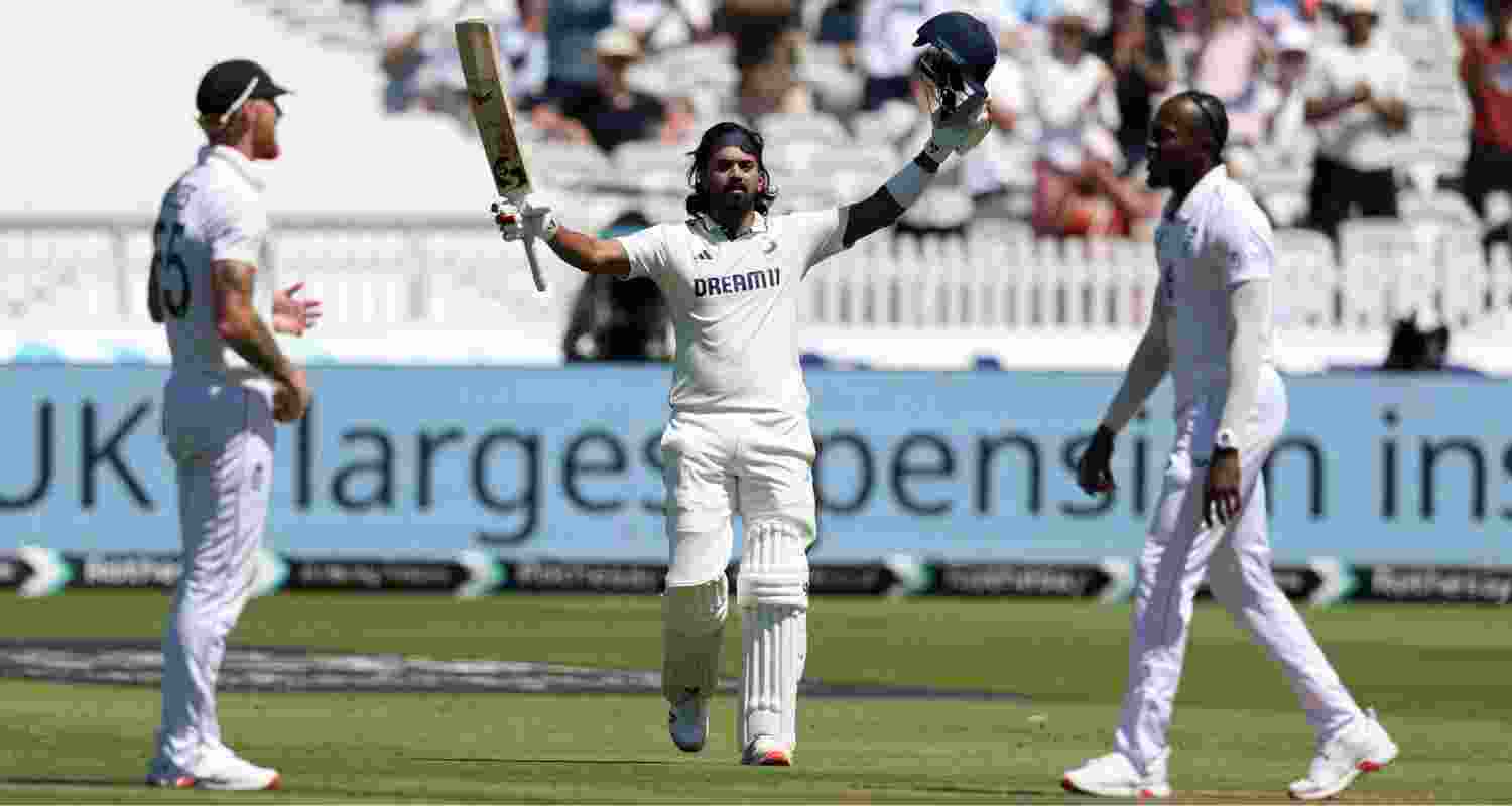 KL Rahul celebrating after reaching his hundred on Day 3 of the third Test match against England at Lord's on Saturday.