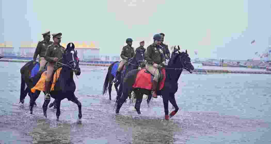 Mounted police patrol checkpoints as Prayagraj prepares for Maha Kumbh. 
