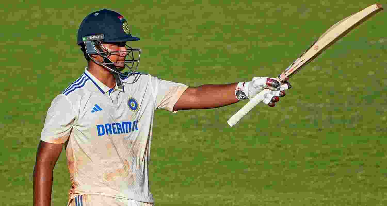 Vaibhav Suryavanshi celebrates his century as the youngest batsman to score an international ton.
