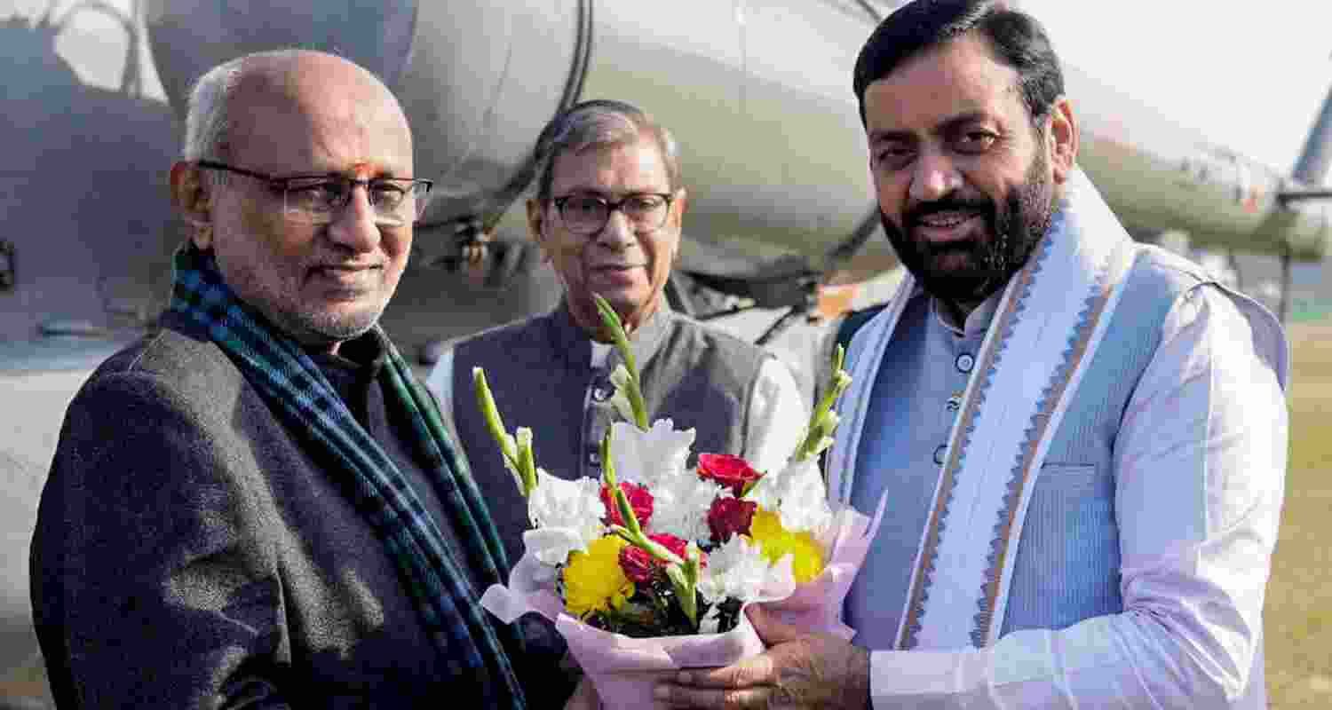 Vice-President CP Radhakrishnan receives a warm welcome from Haryana Chief Minister Nayab Singh Saini on his arrival, in Kurukshetra on Sunday. Haryana Governor Ashim Kumar Ghosh also present.