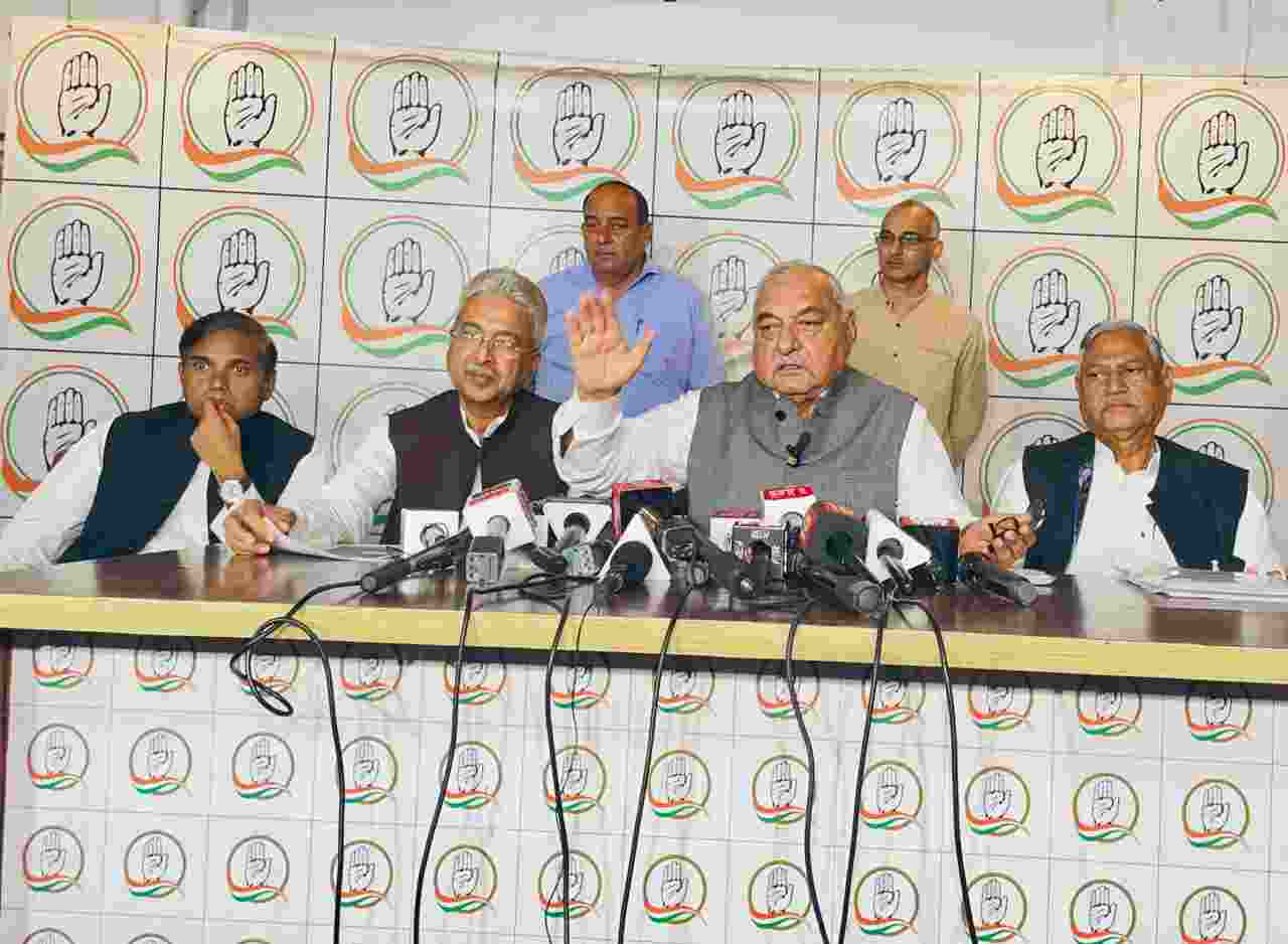 Former Haryana chief minister and Leader of the Opposition Bhupinder Singh Hooda addressing the media on Wednesday.
