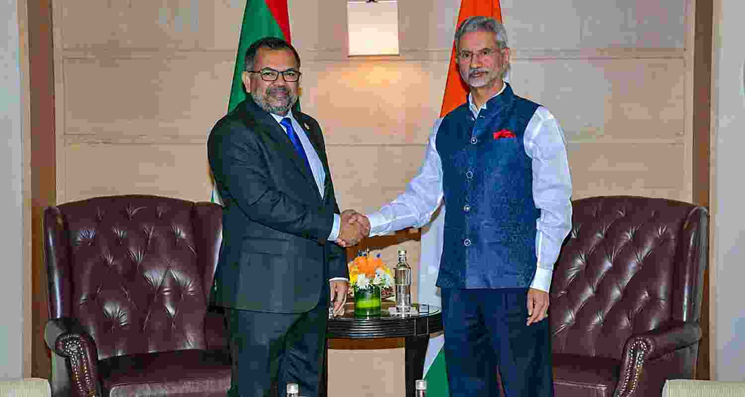 External Affairs Minister S Jaishankar with Maldives Foreign Minister Moosa Zameer at a meeting, in New Delhi on Thursday.