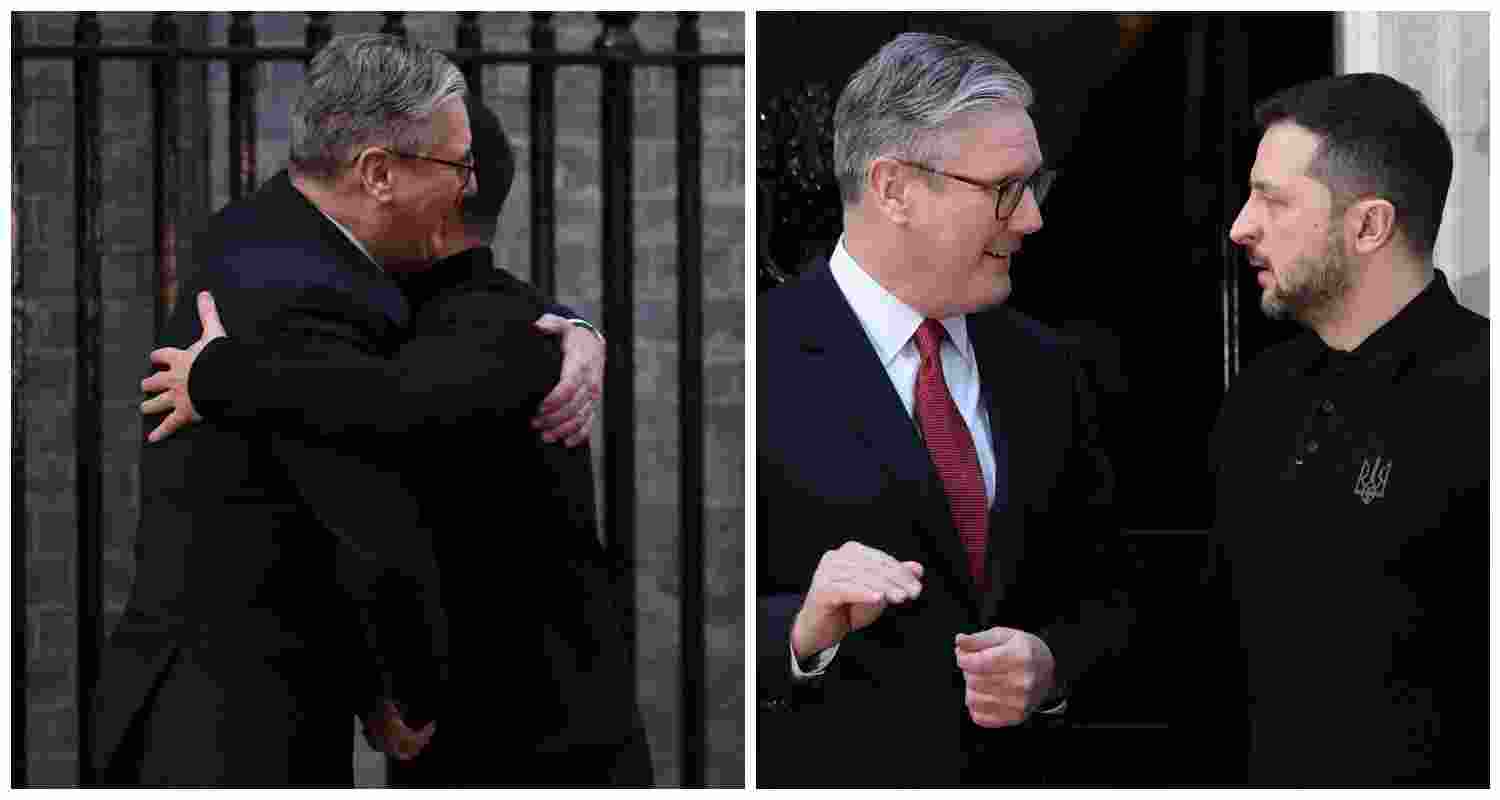 British Prime Minister Keir Starmer greets Ukrainian President Volodymyr Zelenskyy at 10 Downing Street. The meeting follows Zelenskyy’s heated exchange with Donald Trump at the White House.