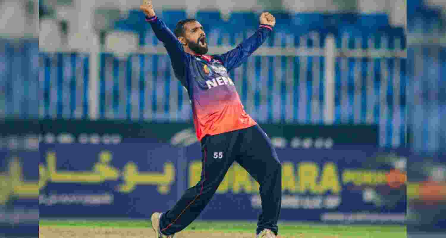 A bowler of Nepal's team exults after taking a wicket in the second T20I against West Indies in Sharjah.