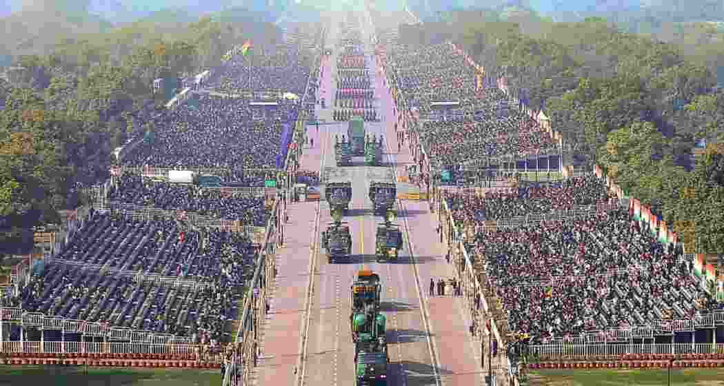 An aerial view of full dress rehearsal for the ‘Republic Day Parade 2025’ at the Kartavya Path, in New Delhi