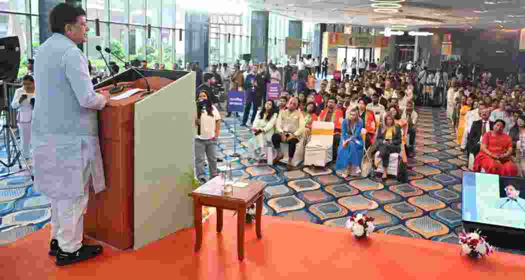 Union Commerce and Industry Minister Piyush Goyal addresses a gathering at the press conference during AAHAR 2026 at Bharat Mandapam in New Delhi.