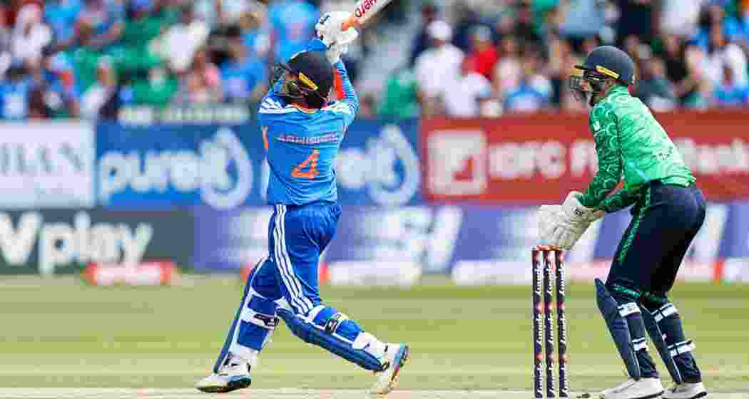 India's Abhishek Sharma plays a shot during the first T20 International against Ireland at Stormont in Belfast on Friday.