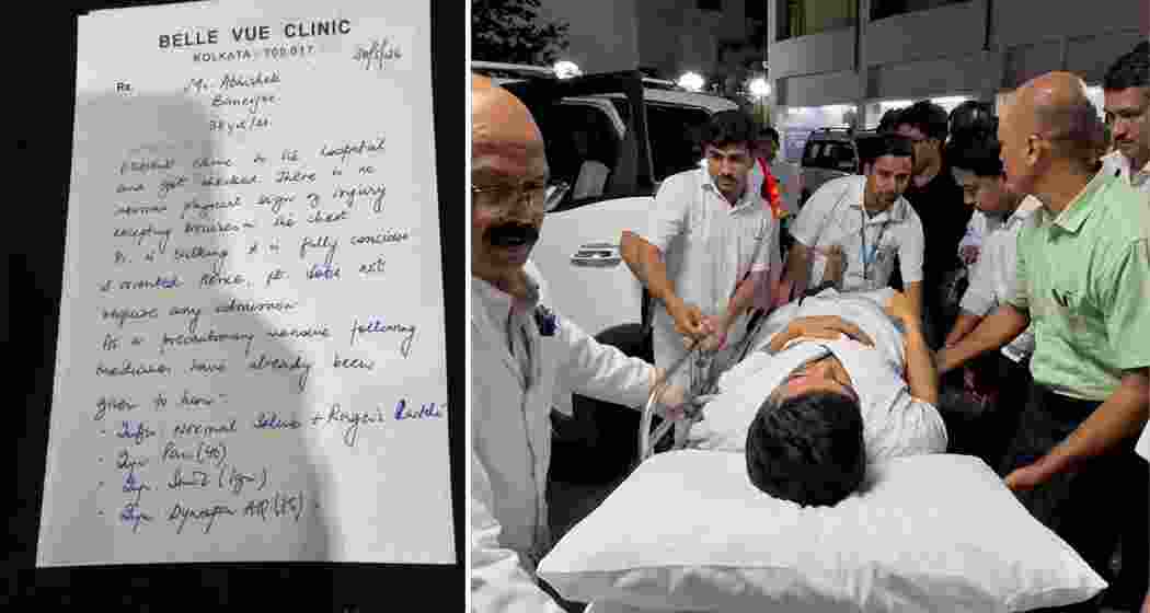 Medical prescription issued at Belle Vue Clinic detailing Abhishek Banerjee’s condition (left), while he is seen being taken on a stretcher to the hospital amid medical assistance (right).