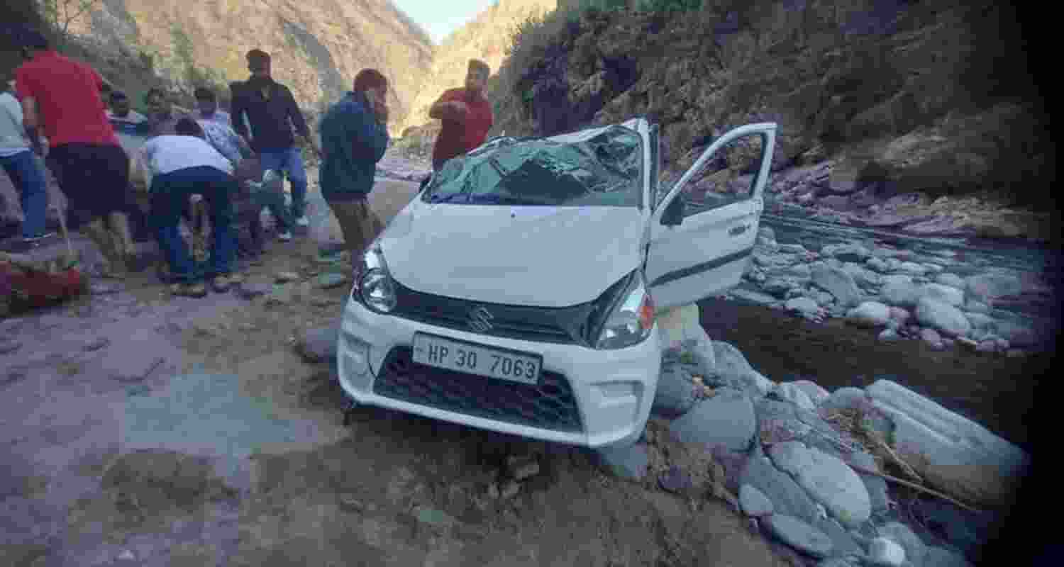 Mangled remains of the vehicle that plunged into the gorge at Behna.
