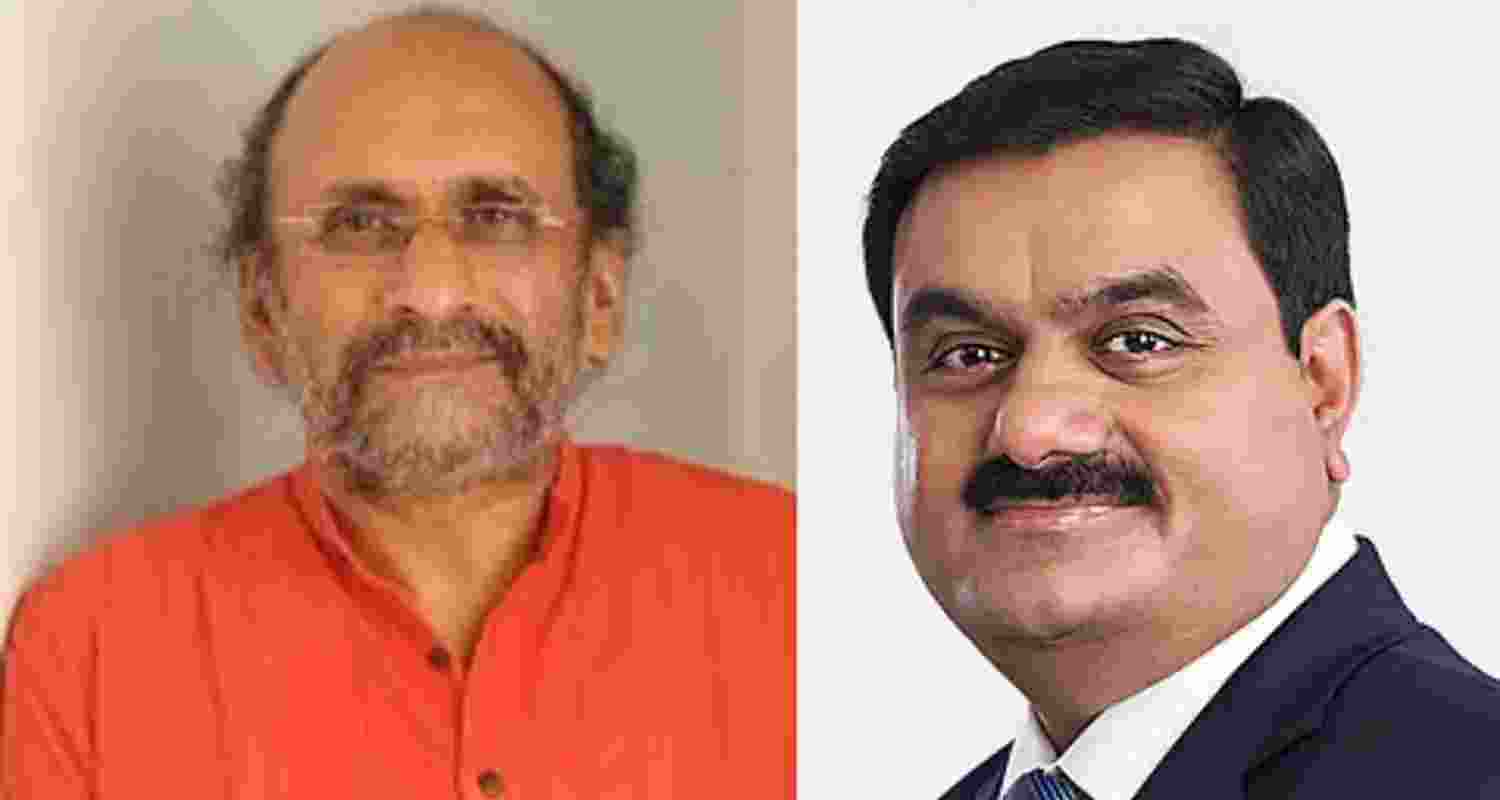 A file photo of journalist Paranjoy Guha Thakurta and Gautam Adani.