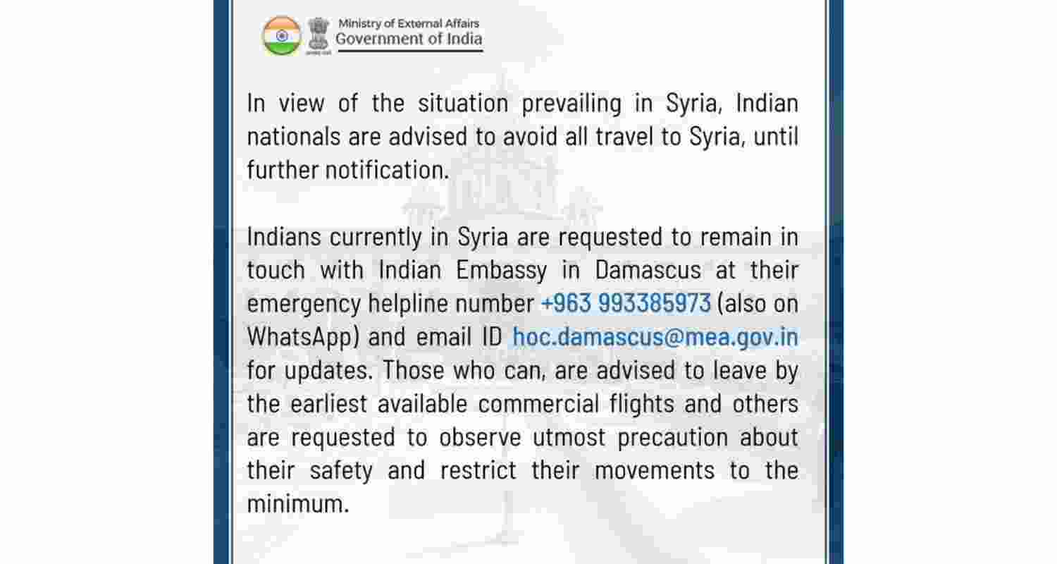 India issues travel advisory, urging citizens to avoid travelling to Syria. India issues travel advisory, urging citizens to avoid travelling to Syria.