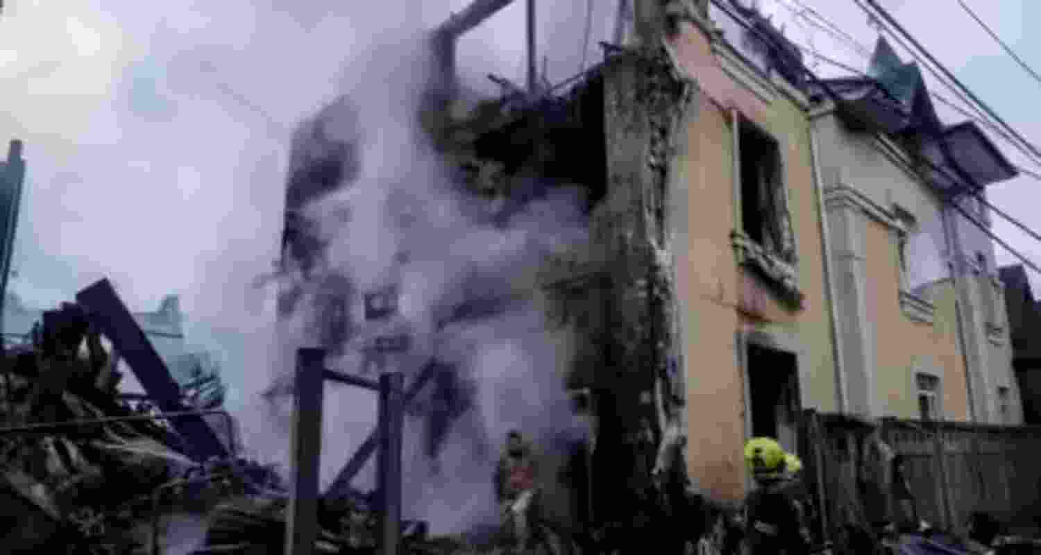 Smoke billowing from a building in Kyiv after it was bombed by Russia.
